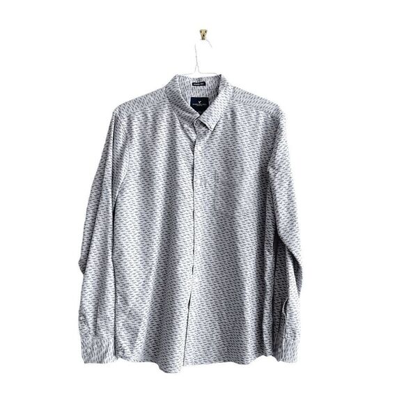 American Eagle Mens Button Down Shirt Seriously Soft Shark Print Gray Large - Picture 1 of 8